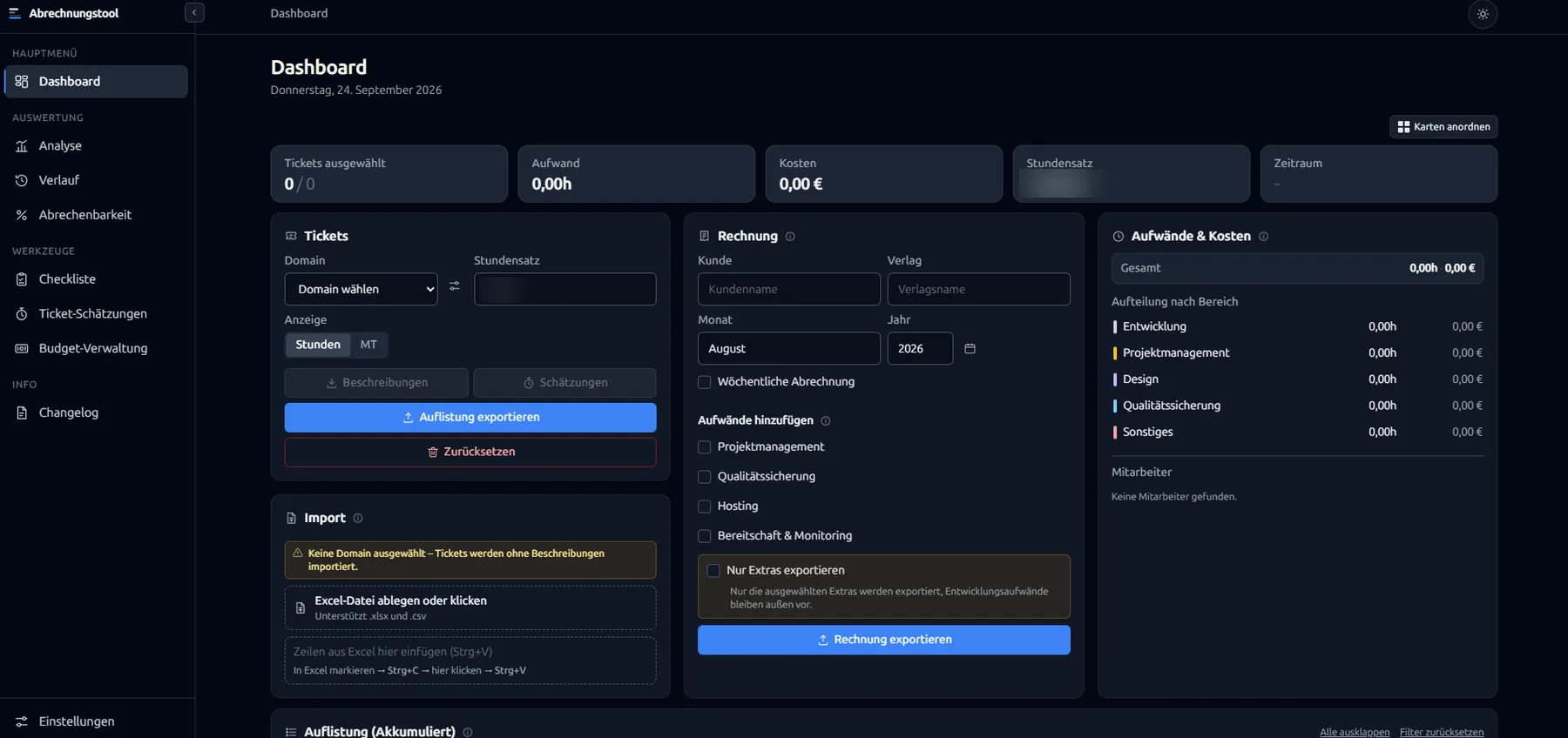 Billing tool dashboard with tickets, invoice and breakdown of effort by area