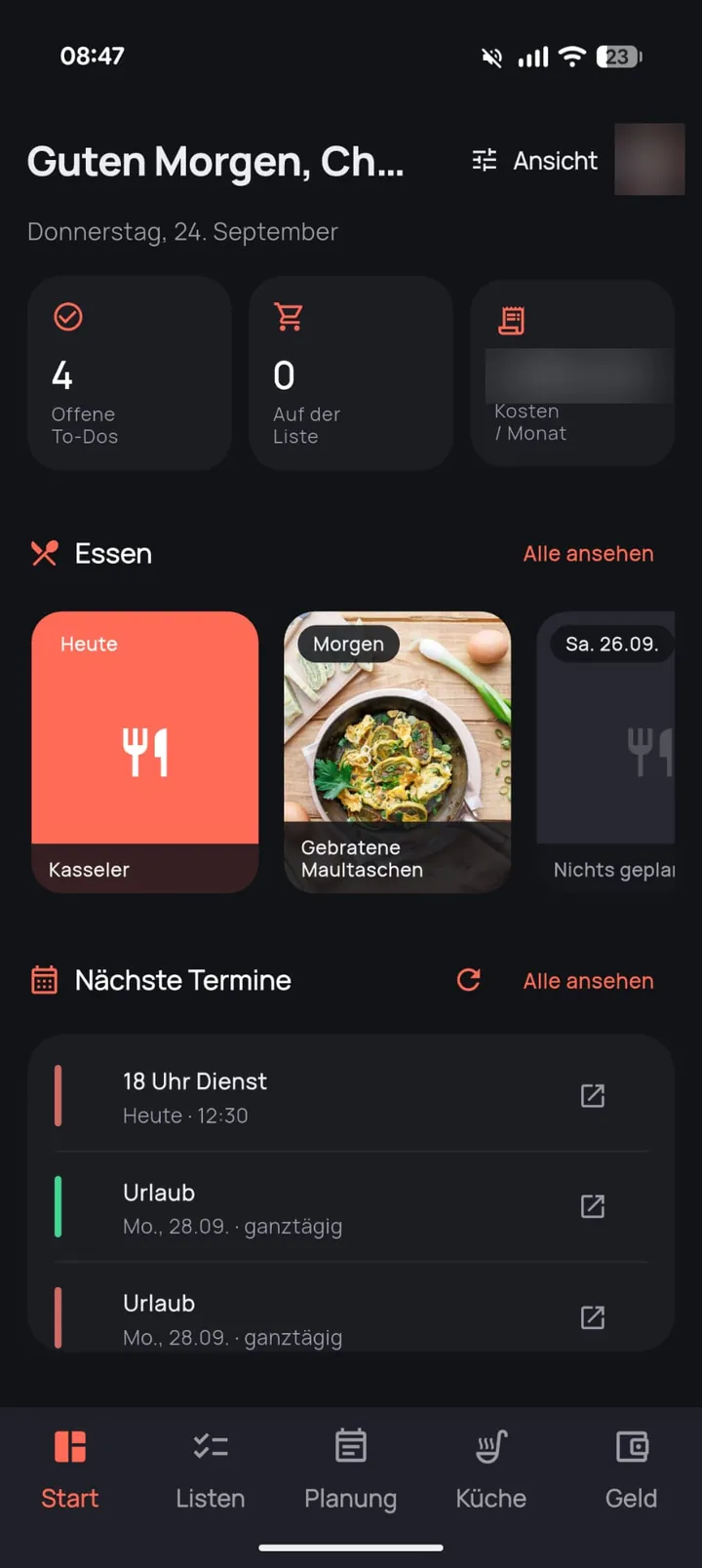 Hestia: home screen with to-dos, meal plan and events